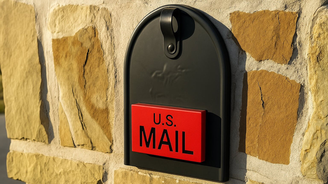 US MAIL front mount mailbox flag installed on stone mailbox wall – 321Engrave