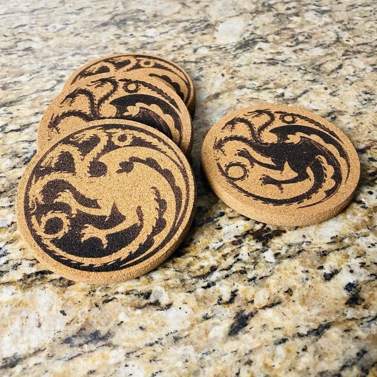 Dragon Engraved Cork Coasters Ð Stylish & Durable Table Protection