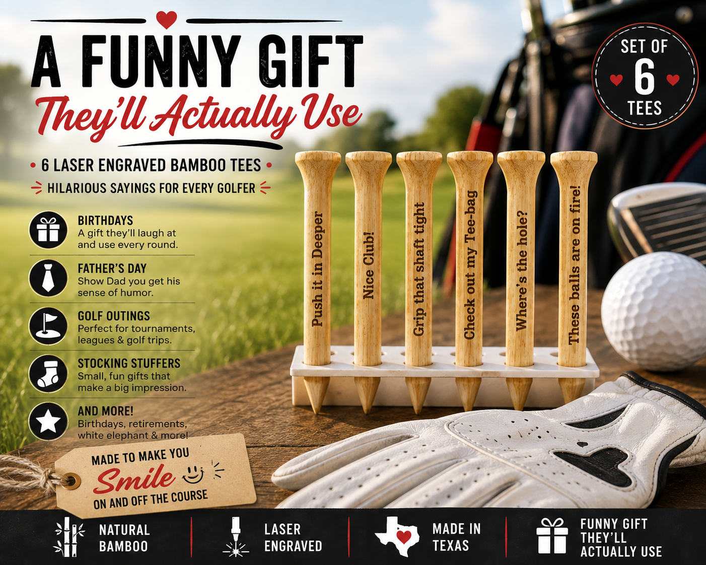 Funny Golf Tee Gift Set | Perfect for Golfers & Outings (Set of 6)