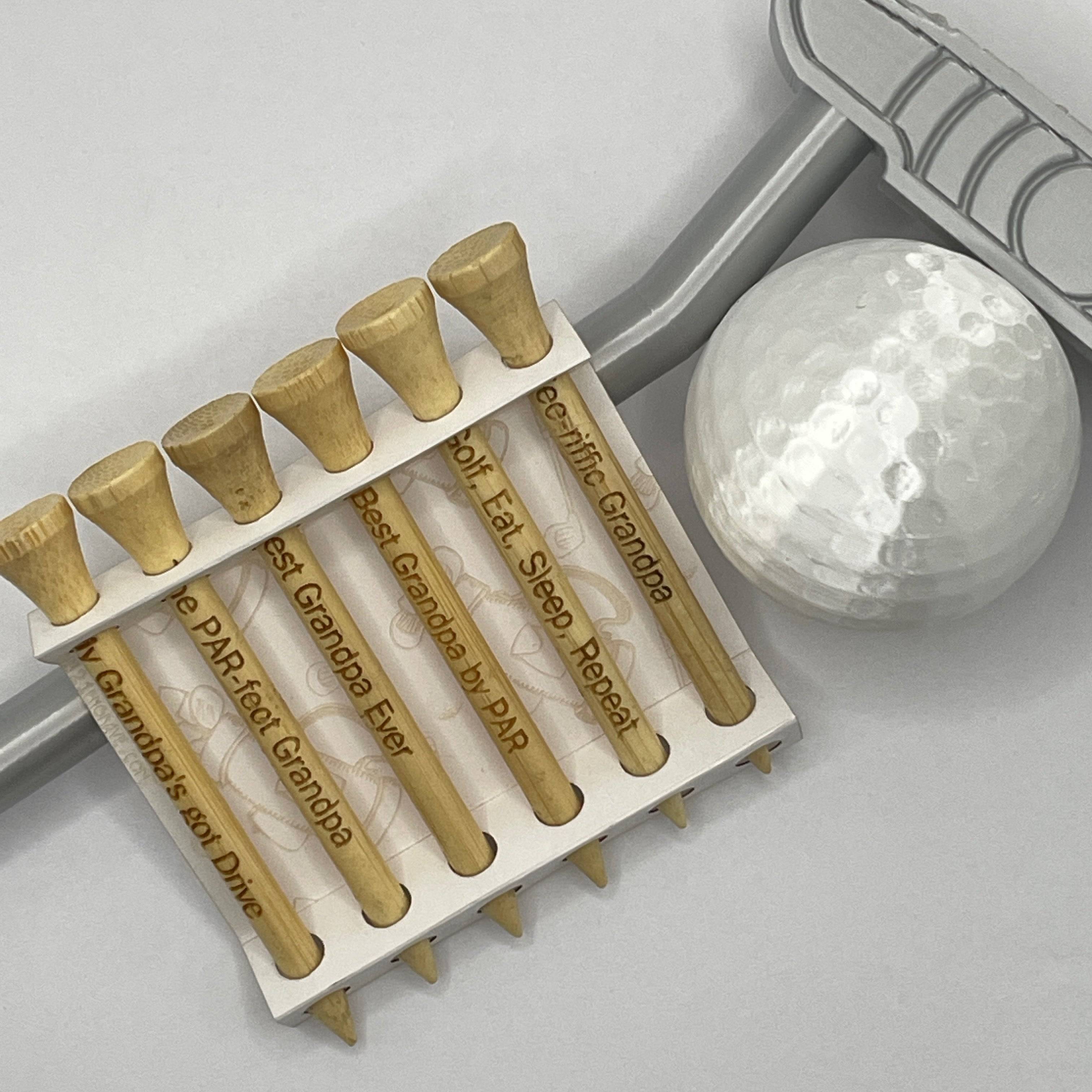Golf Gift for Dad Golf Tee Set features golf-inspired dad golf sayings and puns.