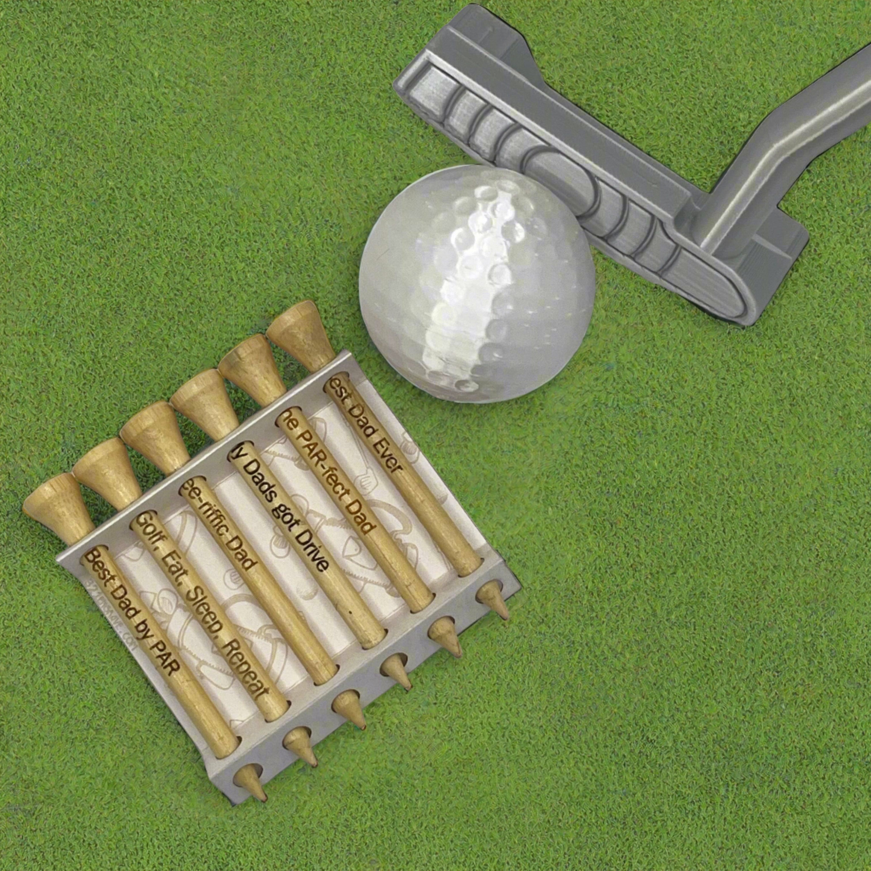 Golf tee set with putter and ball, engraved puns