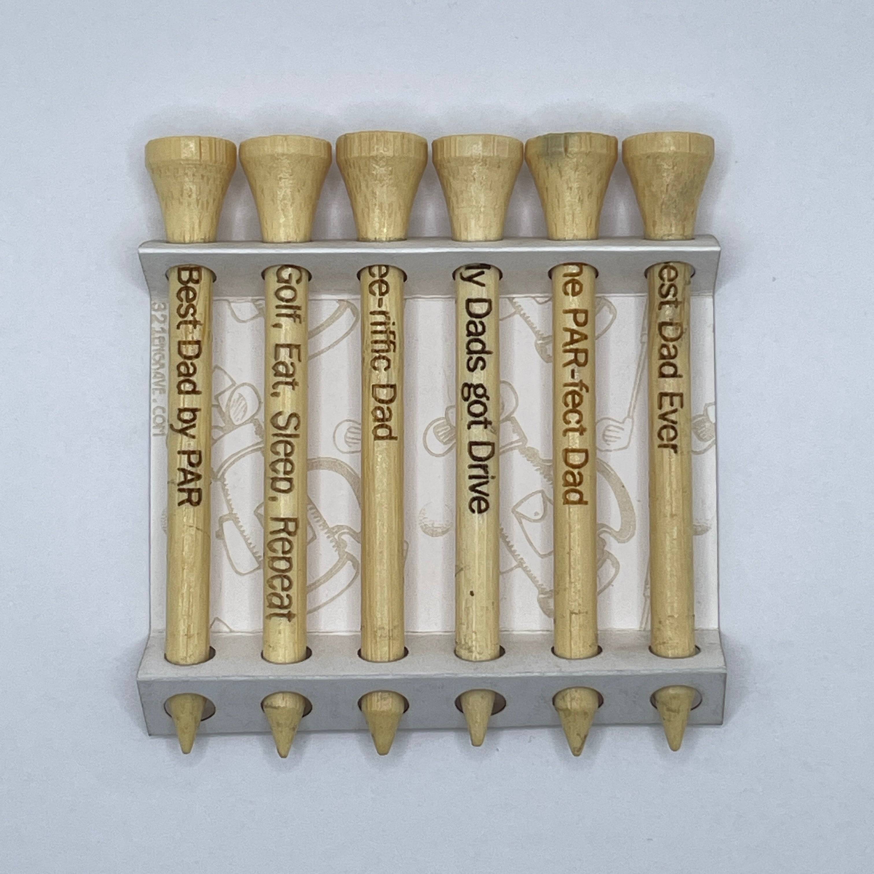 Engraved bamboo golf tees with dad-themed puns