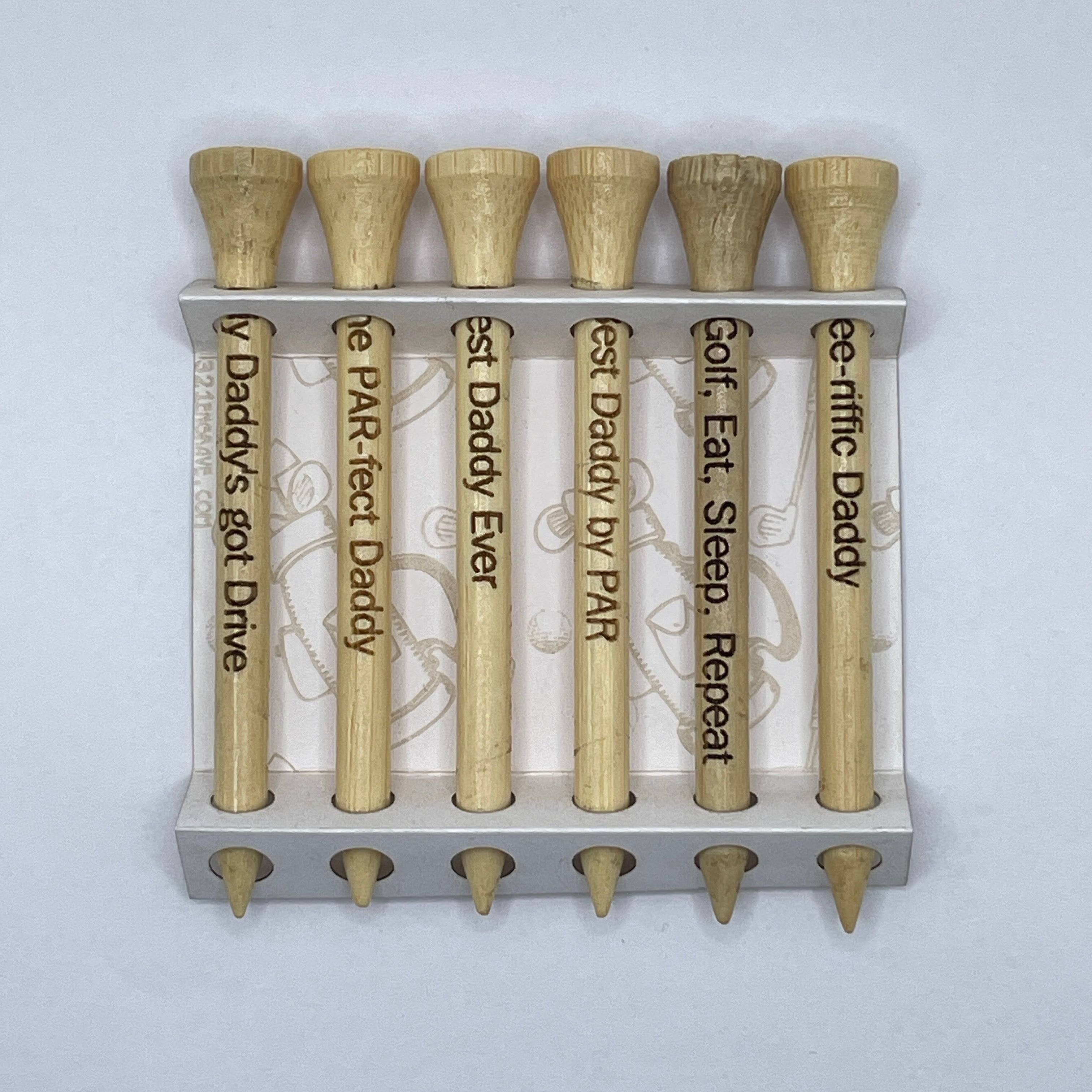 Set of six bamboo golf tees with humorous dad engravings