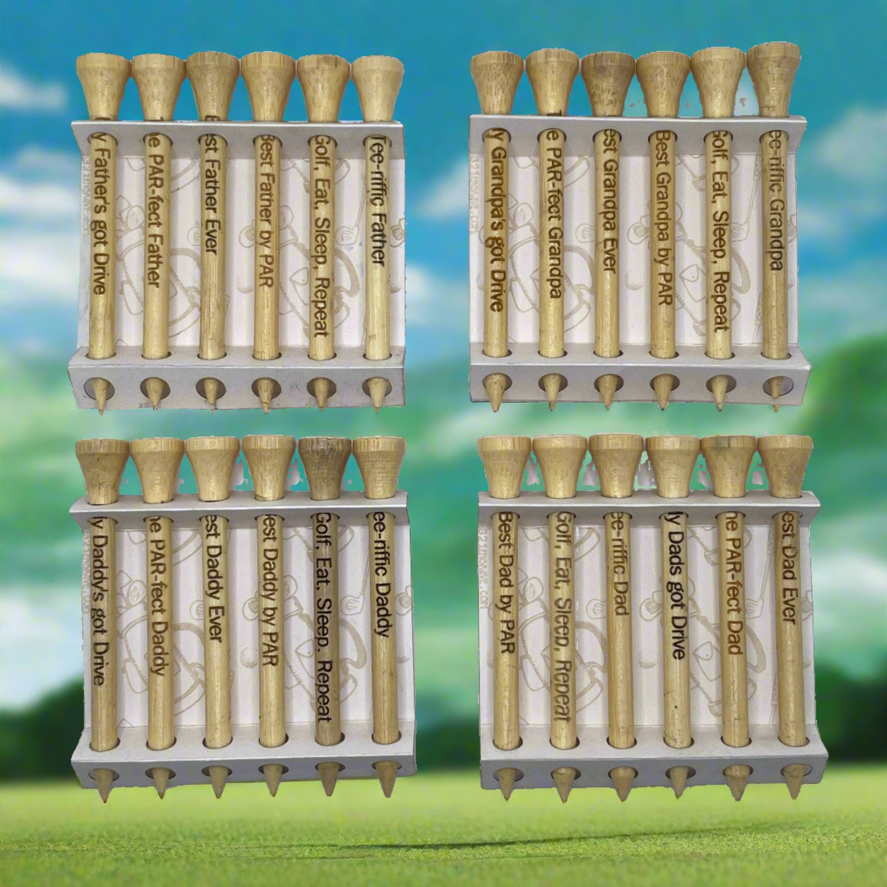 Golf tee set with engraved puns for dad