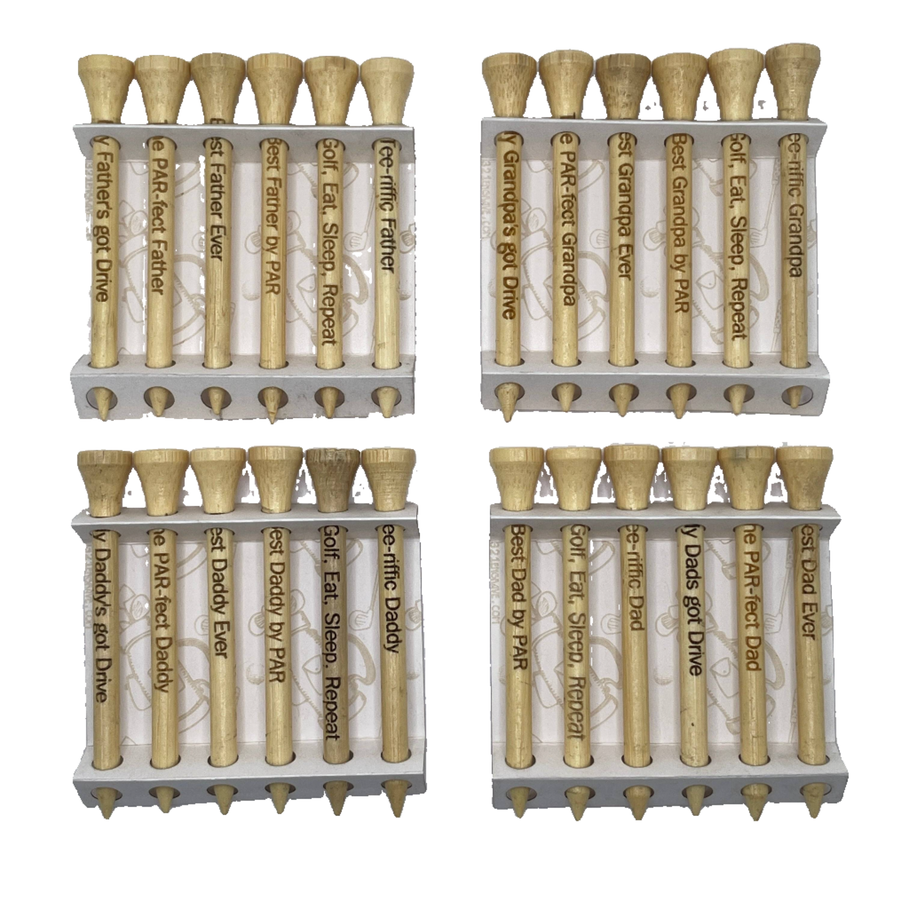 Collection of engraved golf tees for dads and grandpas