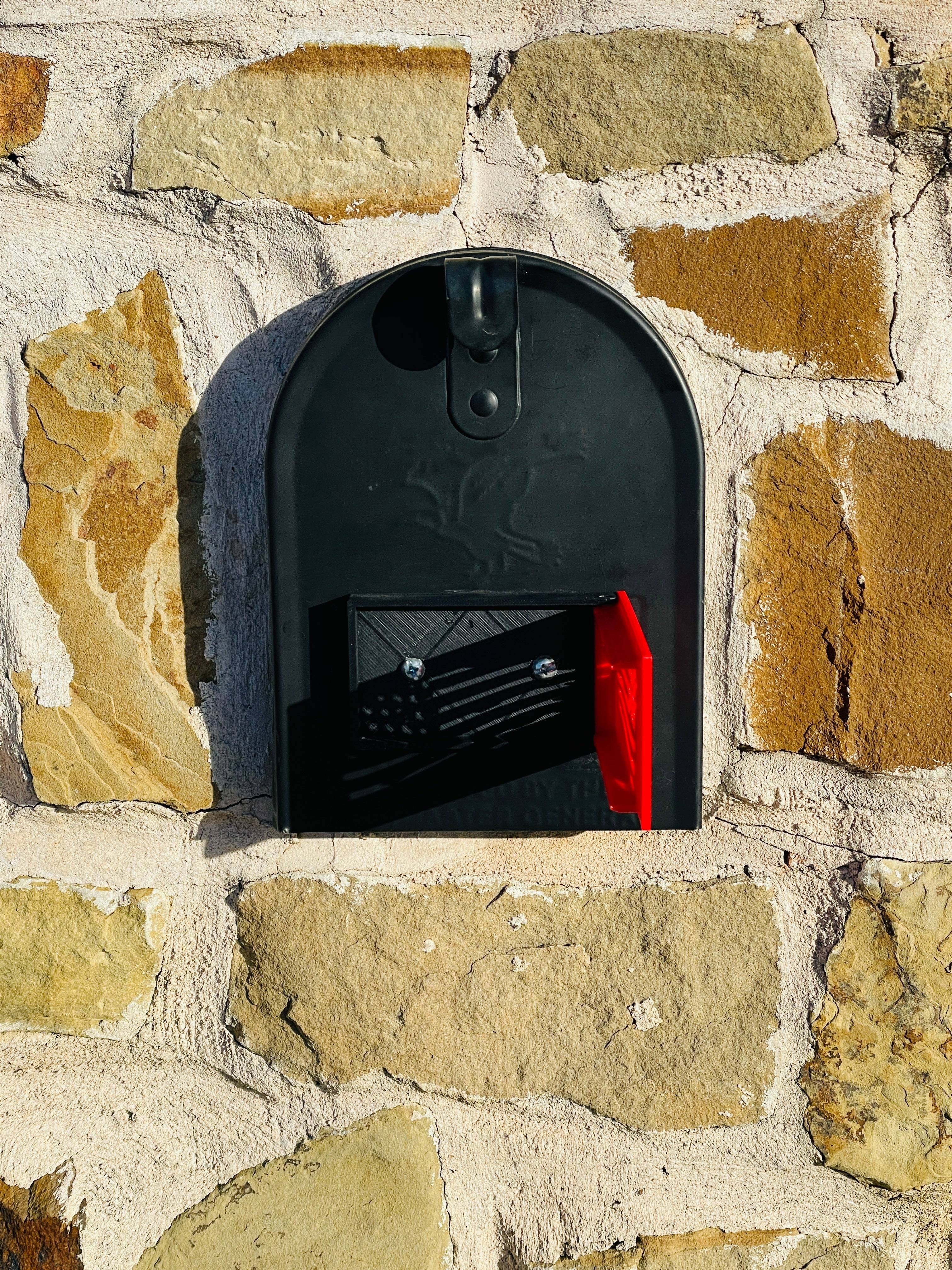 Mailbox Flag for Stone or Brick Mailboxes has a unique open and close design so that it stays open when you open it and has a snap closer.