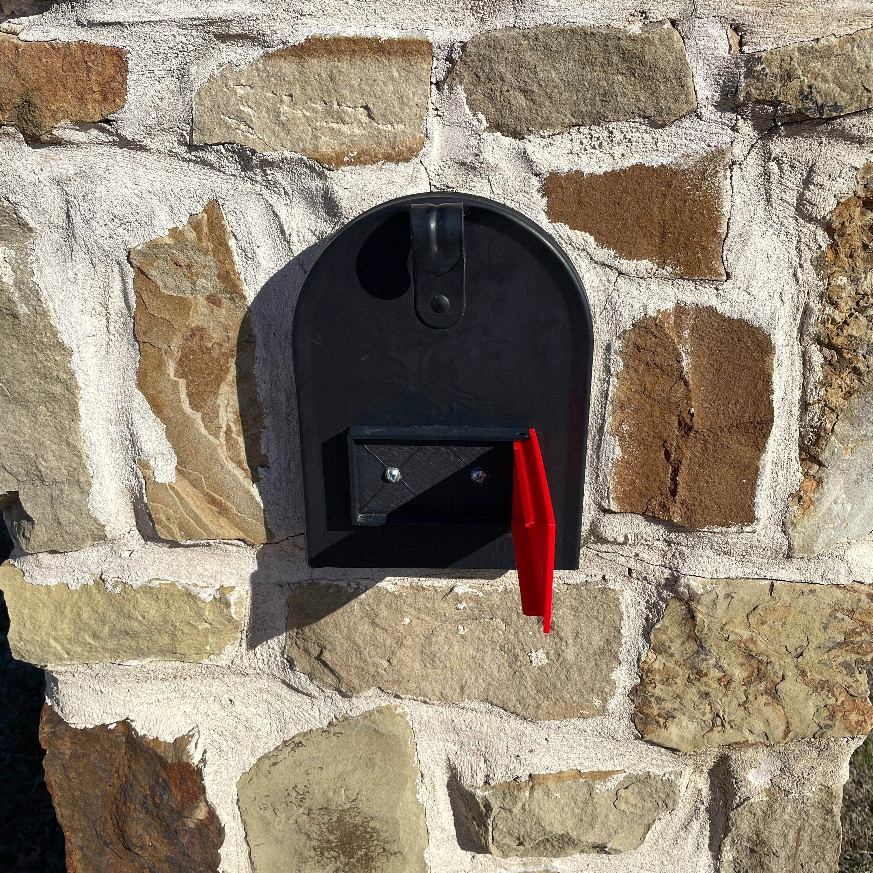 Mailbox flag for brick or stone mailboxes is built to stay open when you open it and stay closed when you close it so that it is wind resistant.