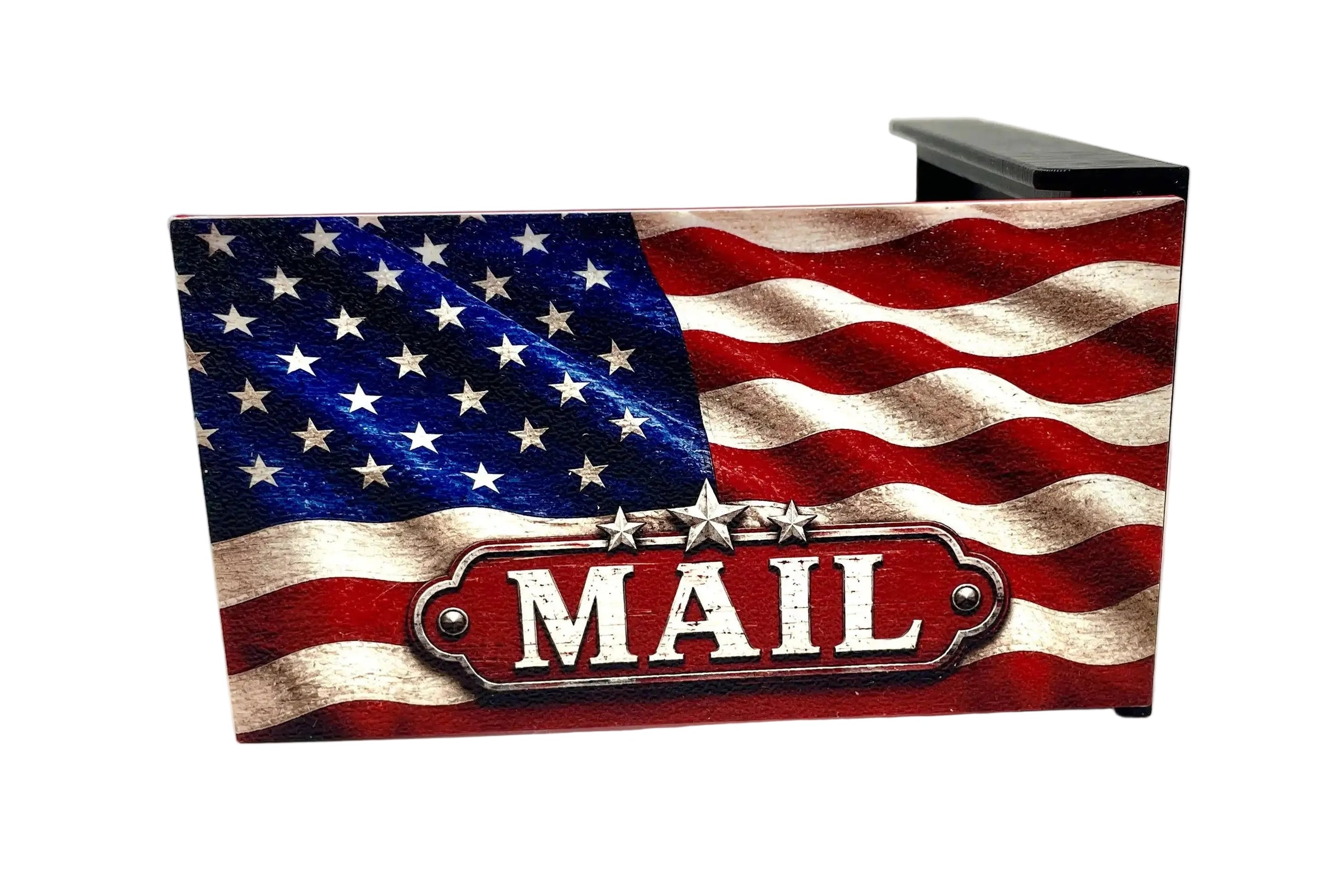 A rectangular metal mailbox cover featuring a waving American flag design with the word 'MAIL' in a decorative badge at the bottom, photographed on a plain white background.