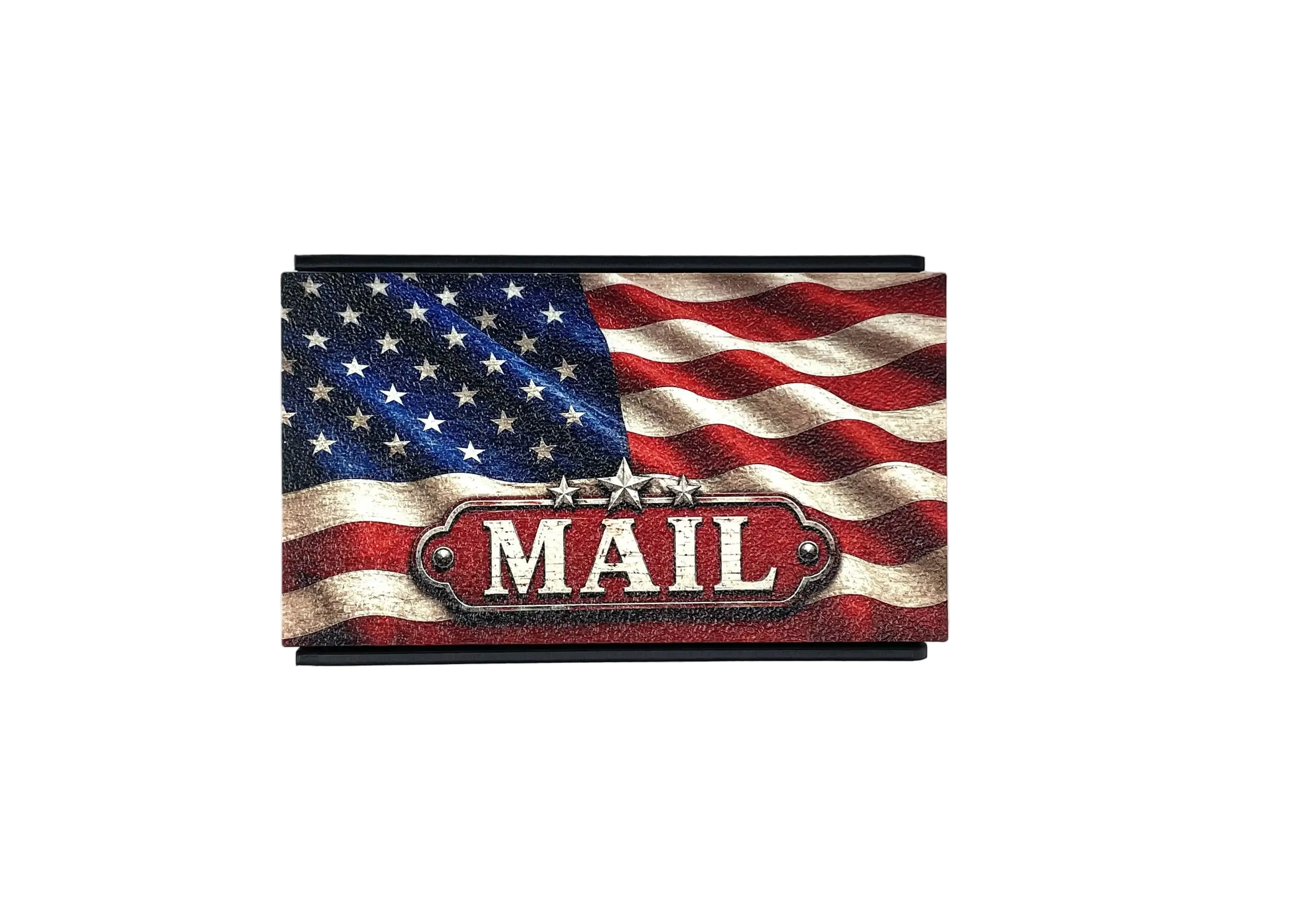 A rectangular hard case featuring a distressed American flag design with the word 'MAIL' in a vintage mailbox sign style, photographed on a plain white background.