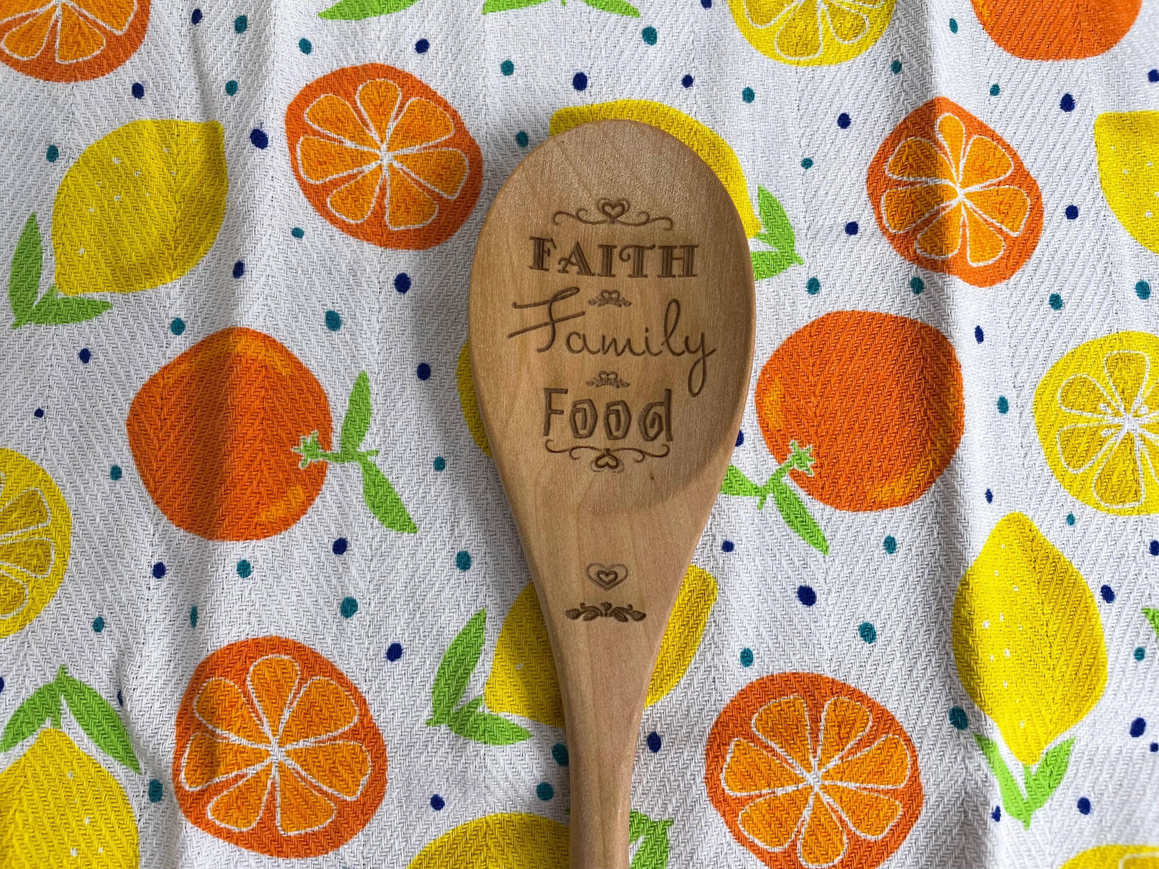 Rooted in Tradition: Laser-Engraved Wooden Spoon with Faith, Family, Food