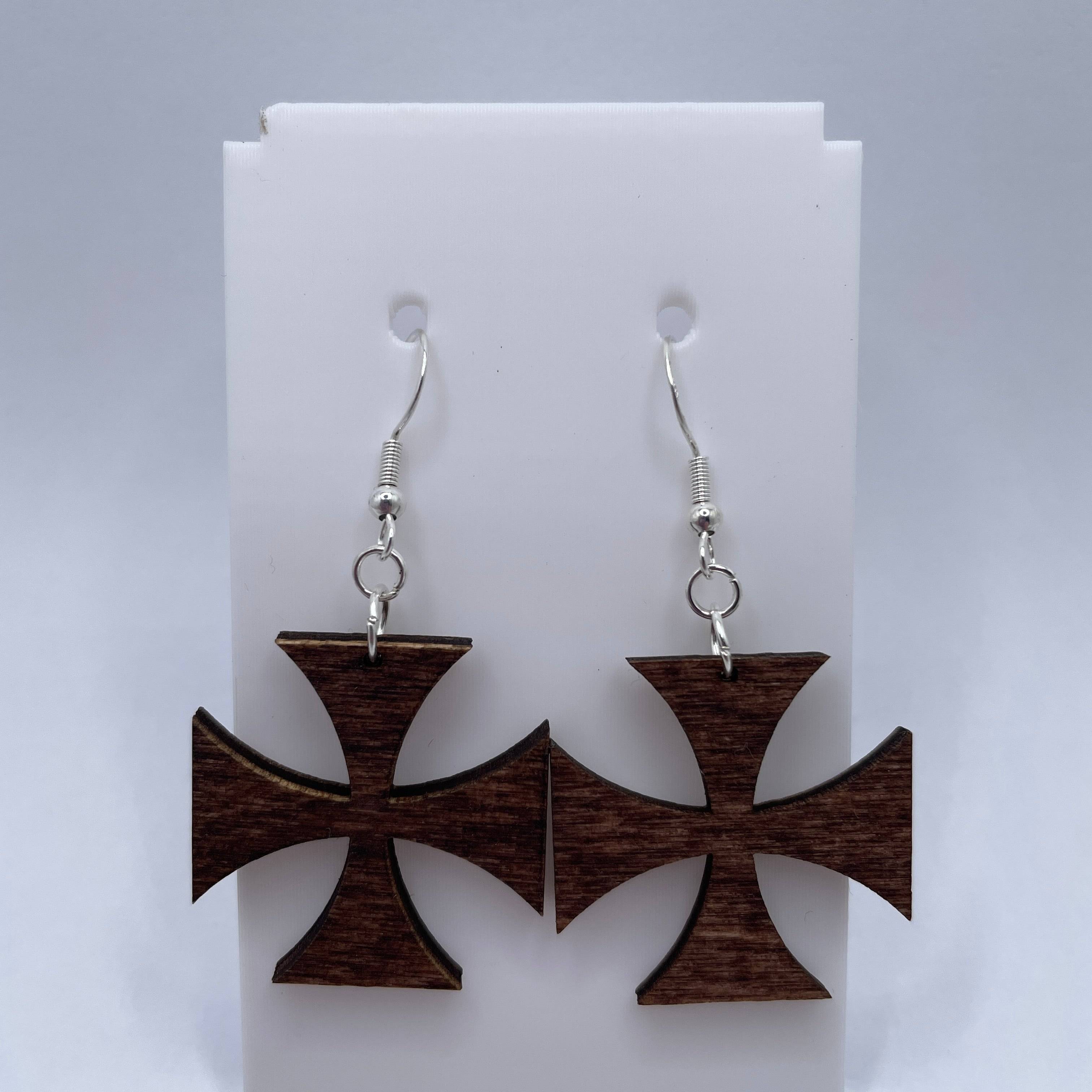 Iron Cross Wooden Dangle Earrings