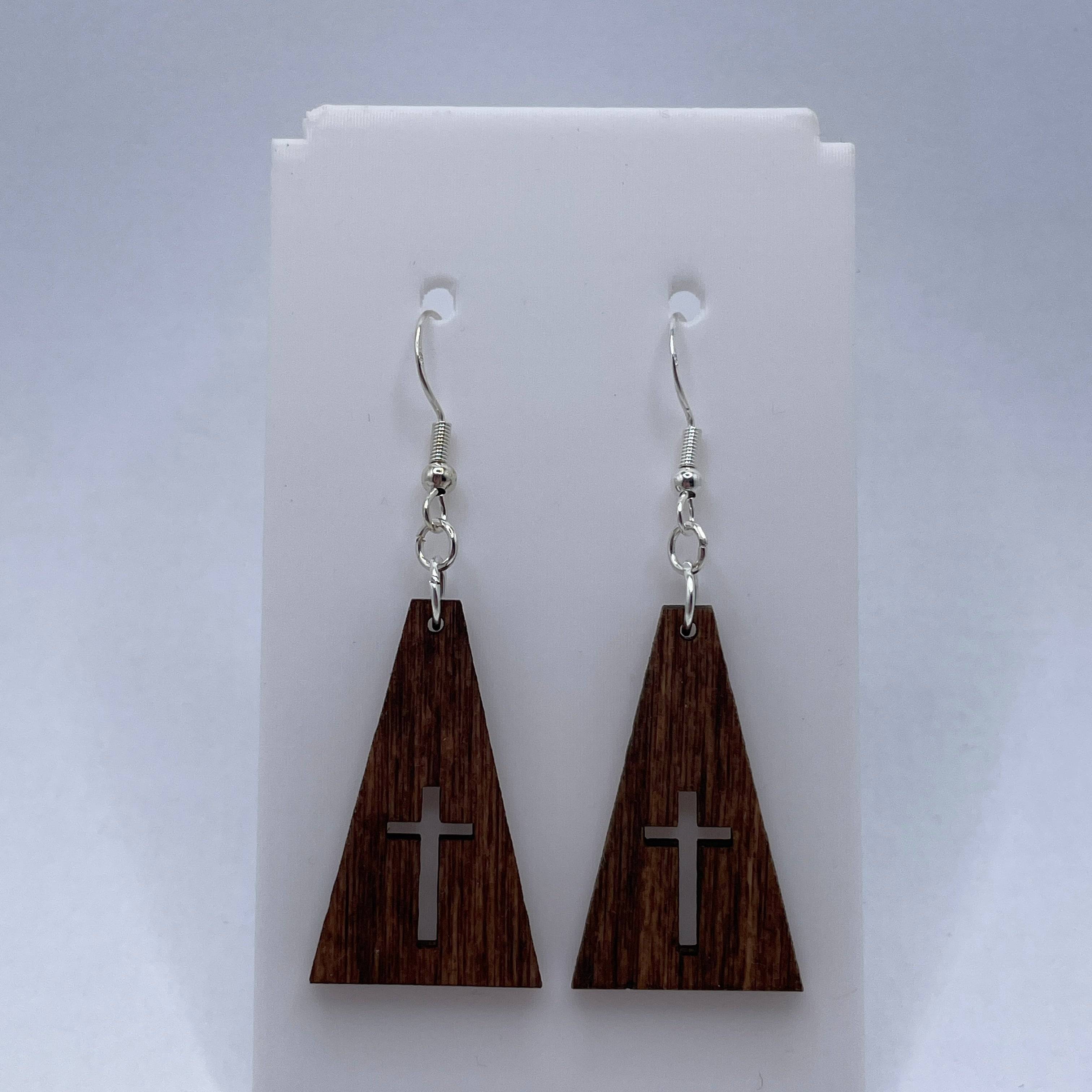Triangle with Cross Wooden Dangle Earrings