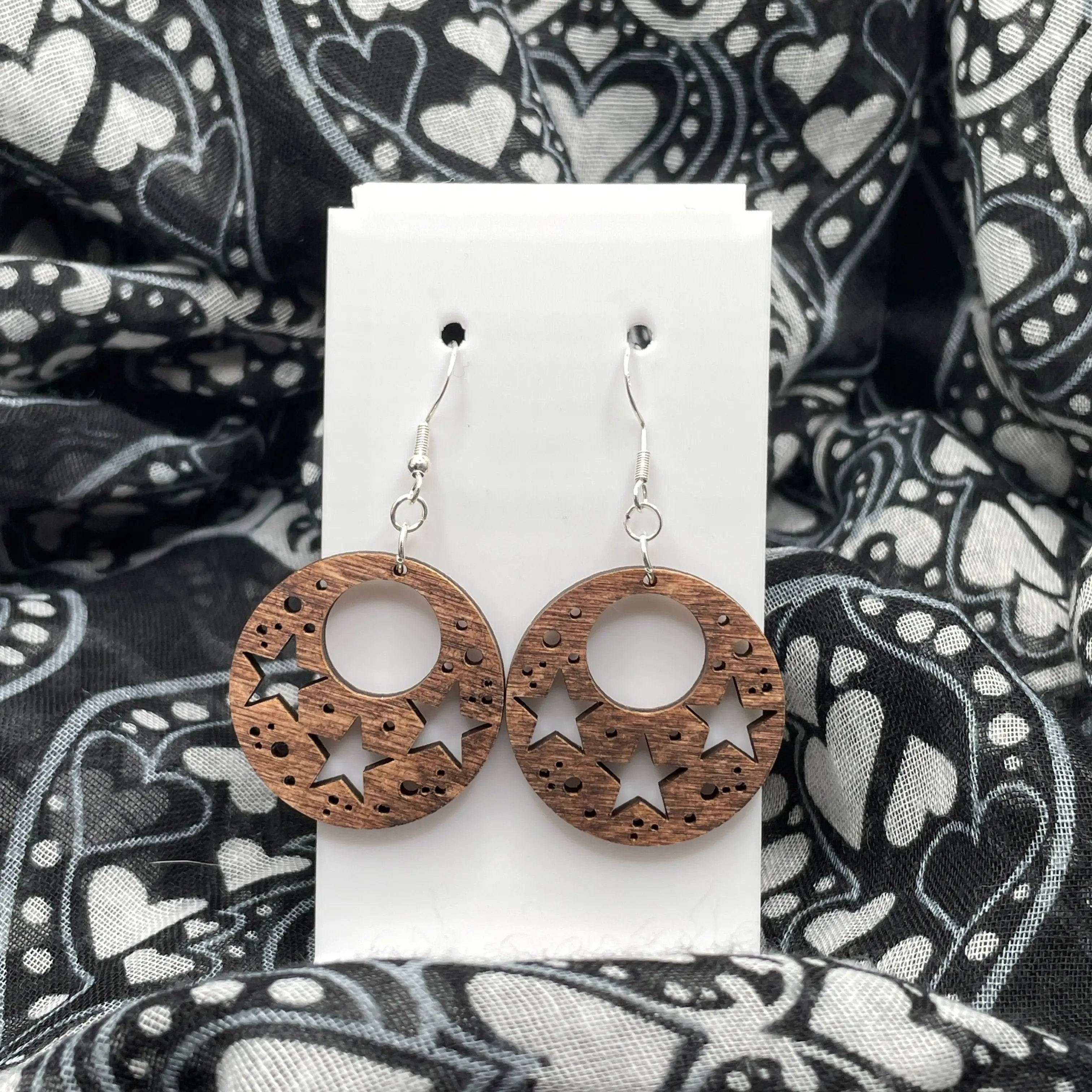 Wooden Dangle Earrings with Stars Design Gift For Mom