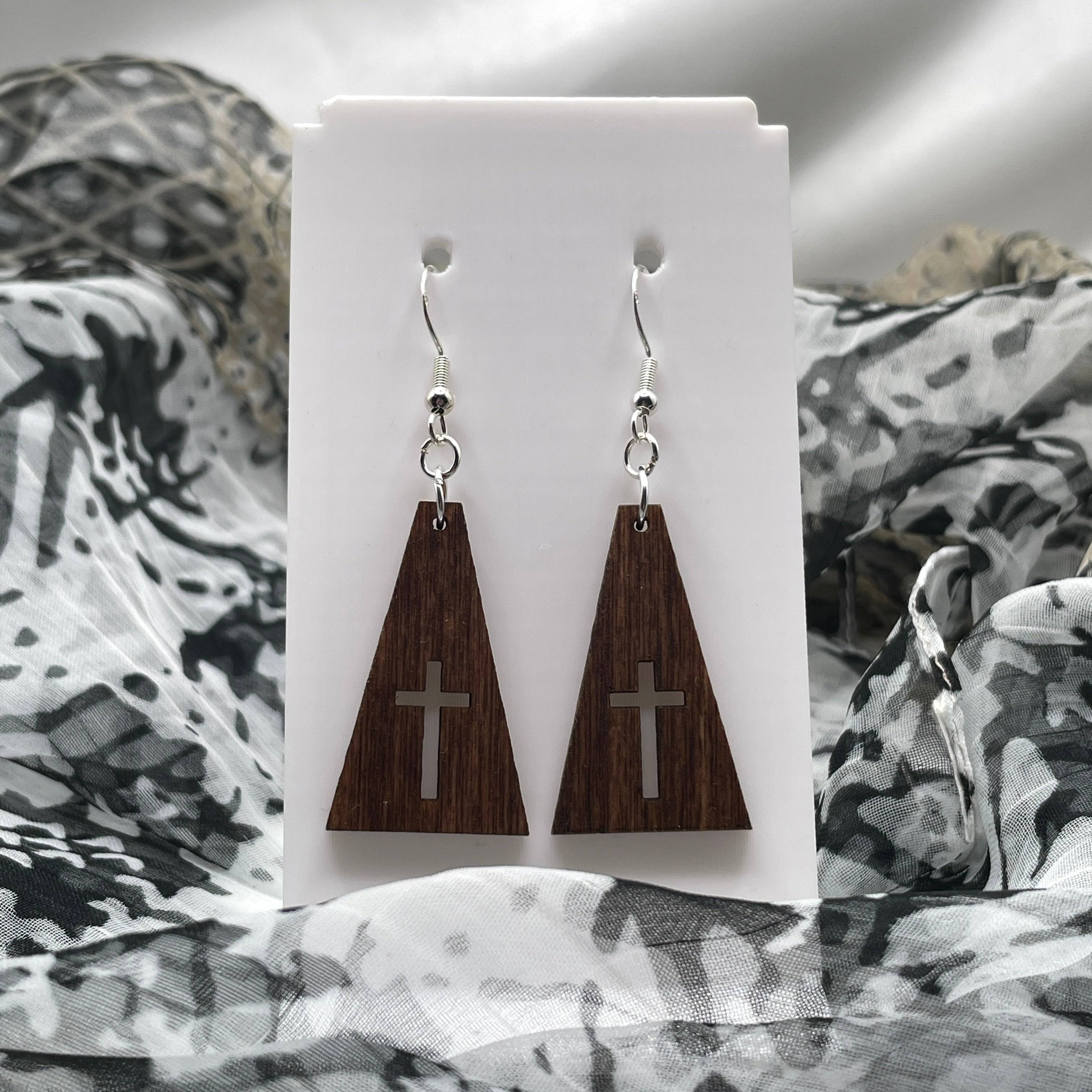 Triangle with Cross Wooden Dangle Earrings