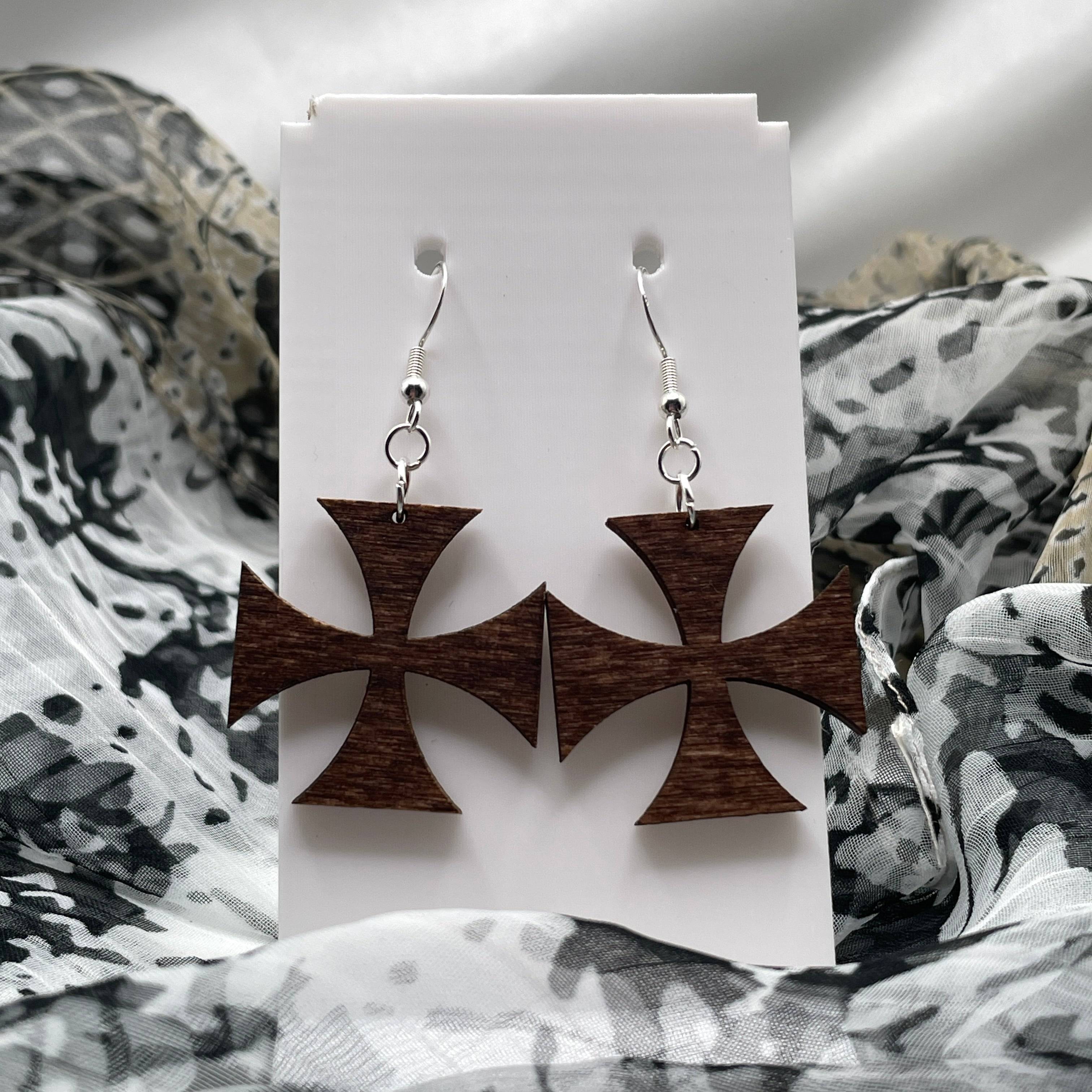 Iron Cross Wooden Dangle Earrings