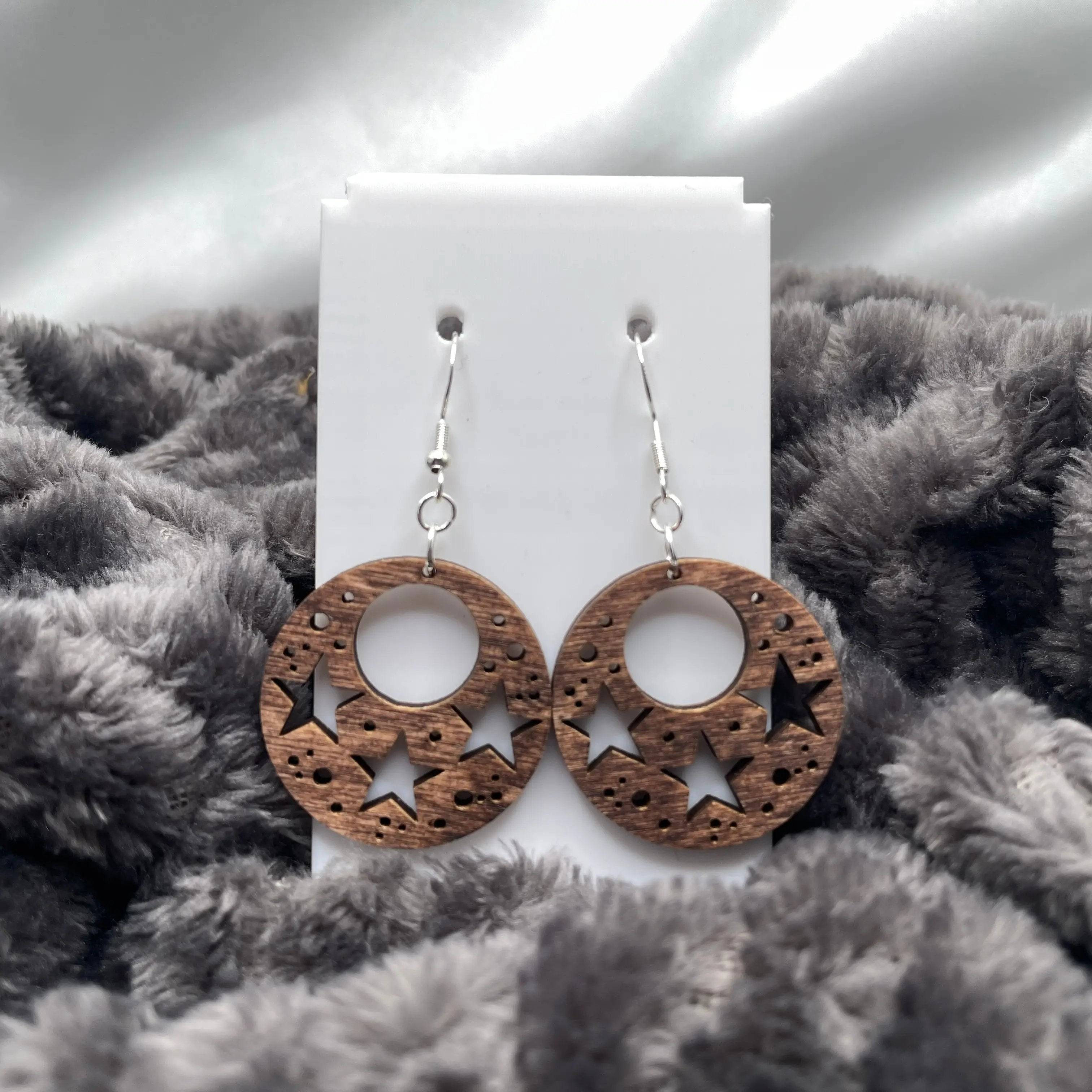 Wooden Dangle Earrings with Stars Design Gift For Mom