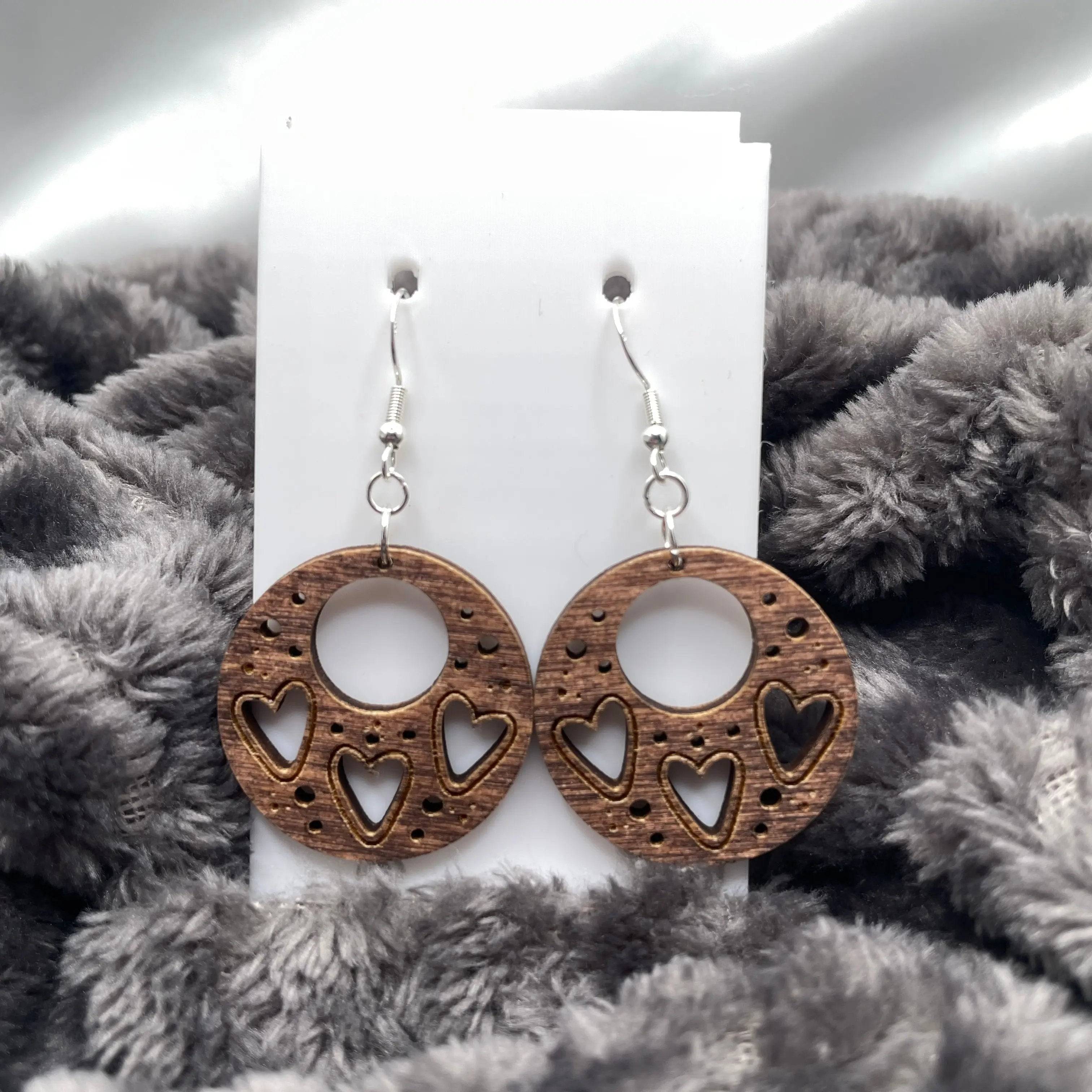 Boho with Hearts Wooden Dangle Earrings