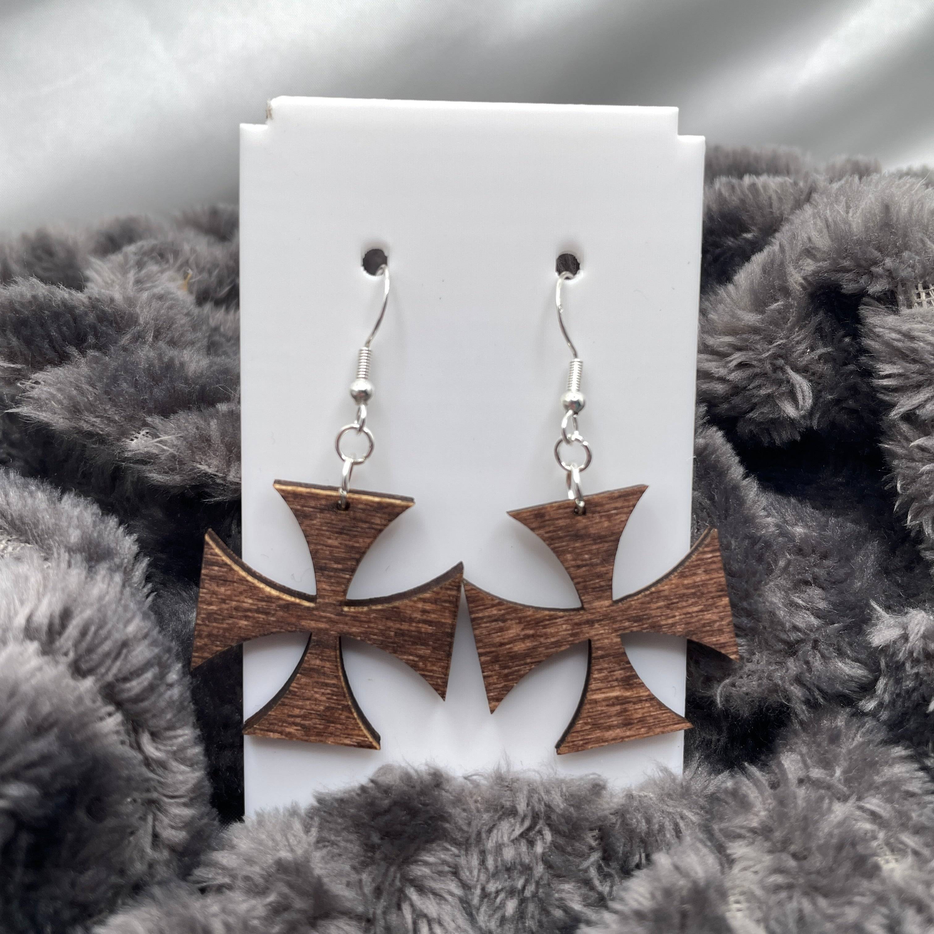 Iron Cross Wooden Dangle Earrings