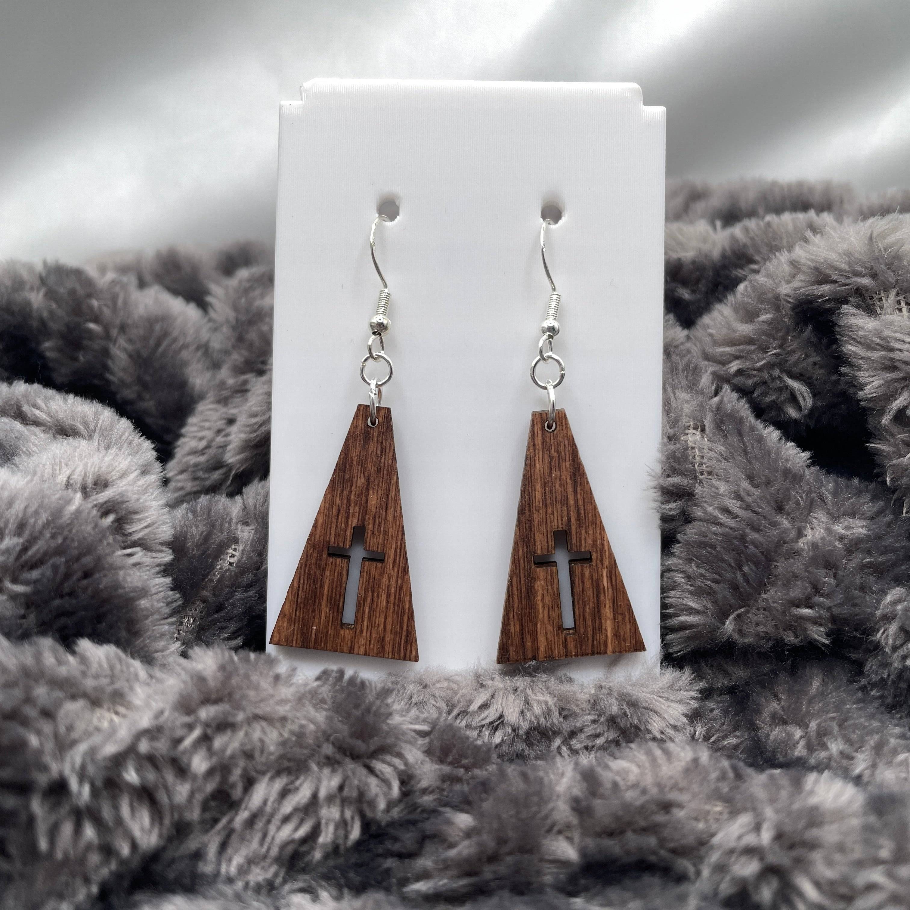 Triangle with Cross Wooden Dangle Earrings