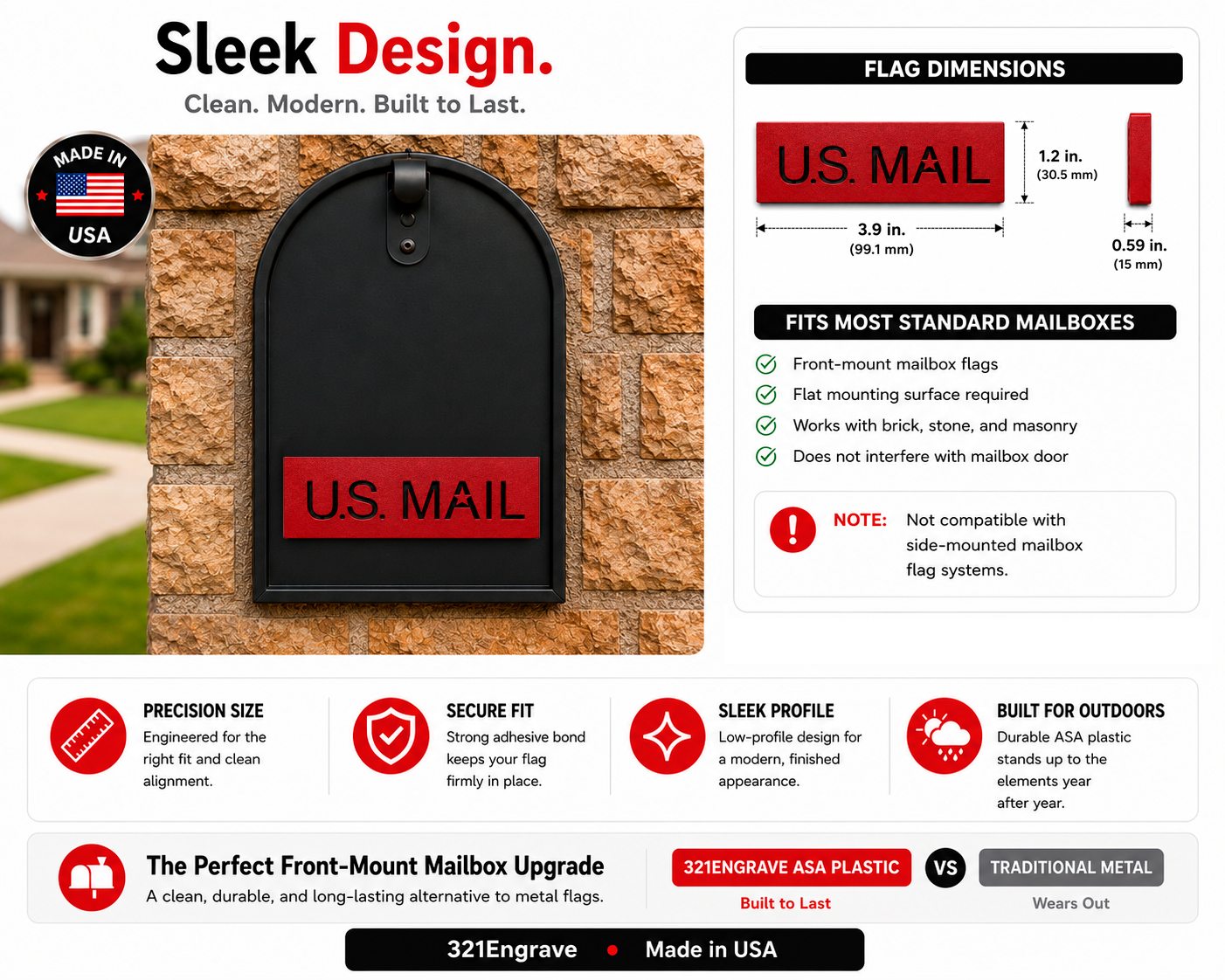 Sleek US MAIL Front-Mount Mailbox Flag | Universal Mailbox Flag Replacement