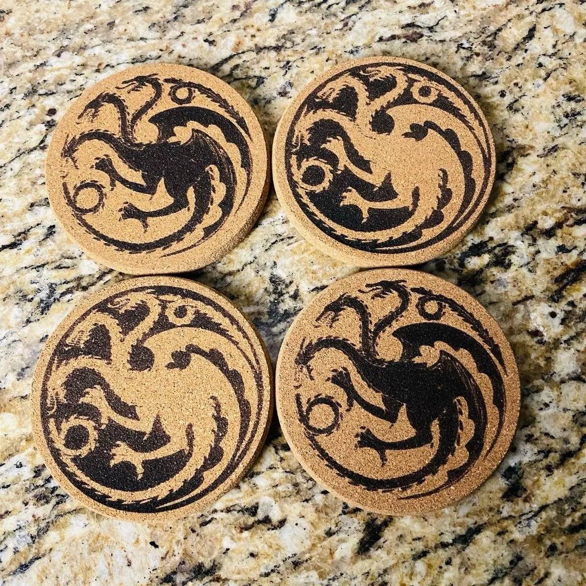 Dragon Engraved Cork Coasters Ð Stylish & Durable Table Protection