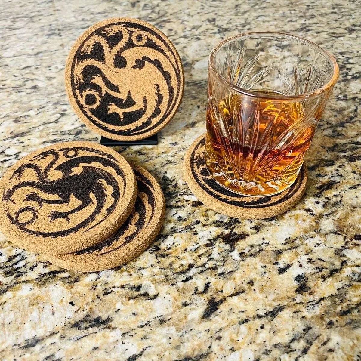 Dragon Engraved Cork Coasters Ð Stylish & Durable Table Protection