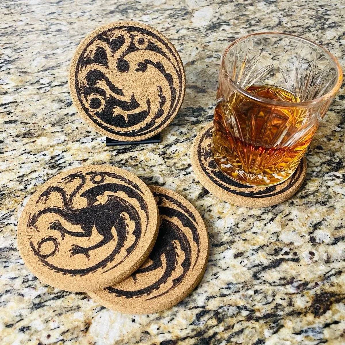 Dragon Engraved Cork Coasters Ð Stylish & Durable Table Protection