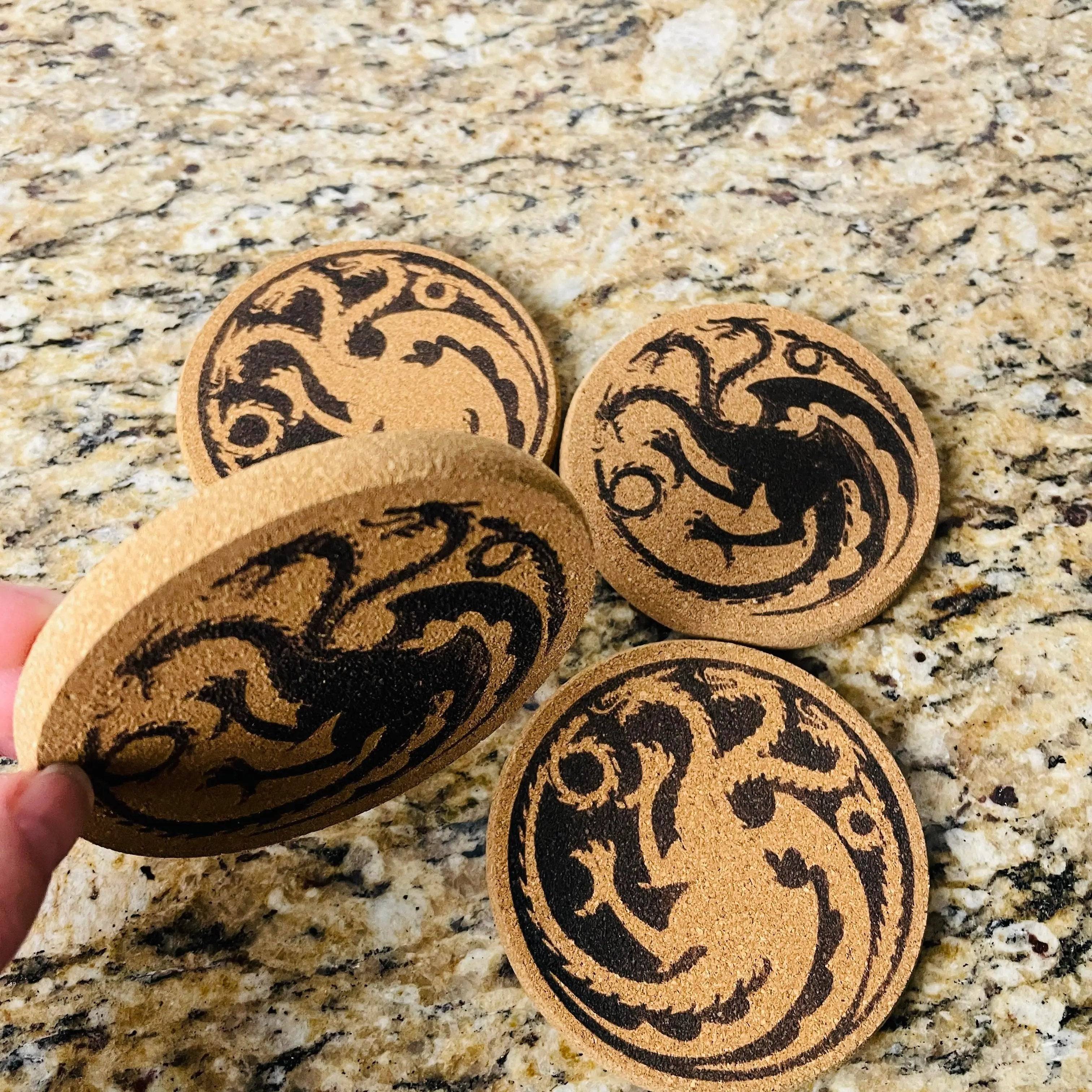 Dragon Engraved Cork Coasters:  Enhance Your Table with Iconic Design