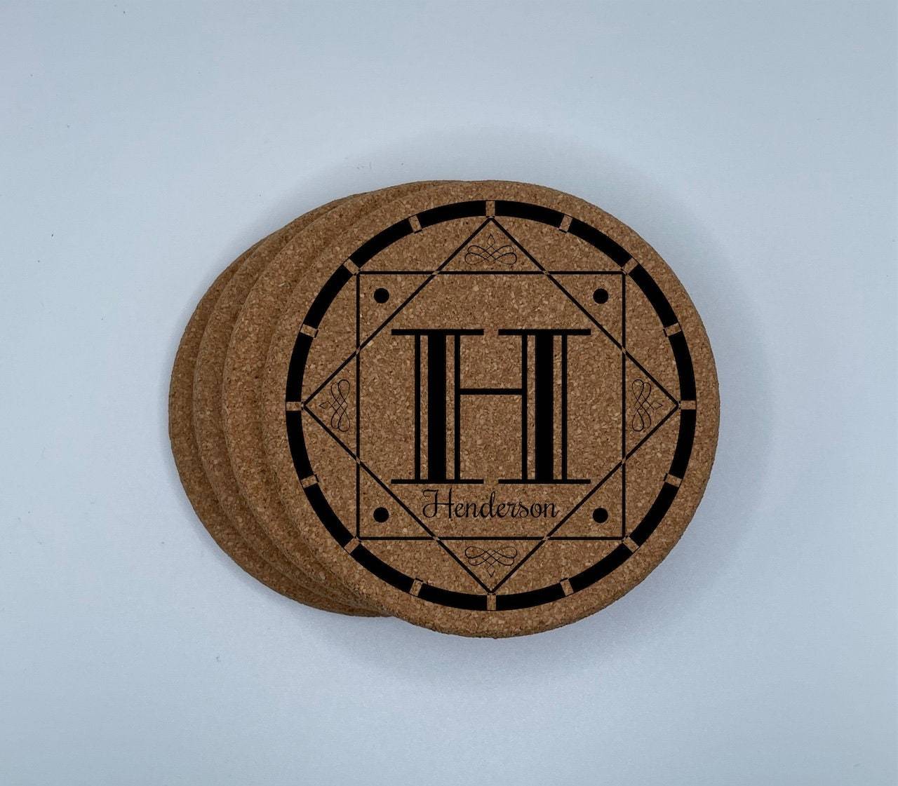 Monogramed Geometric Personalized Name Cork Coaster Set of 4