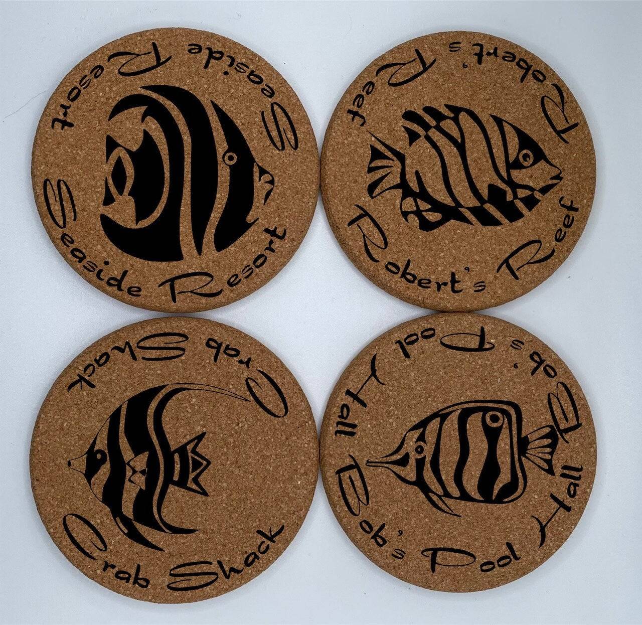 Personalized Cork Coasters for Fish lovers Aquarium Reef Saltwater Custom Fish Ocean Water Business Shop Organization - Set of 4