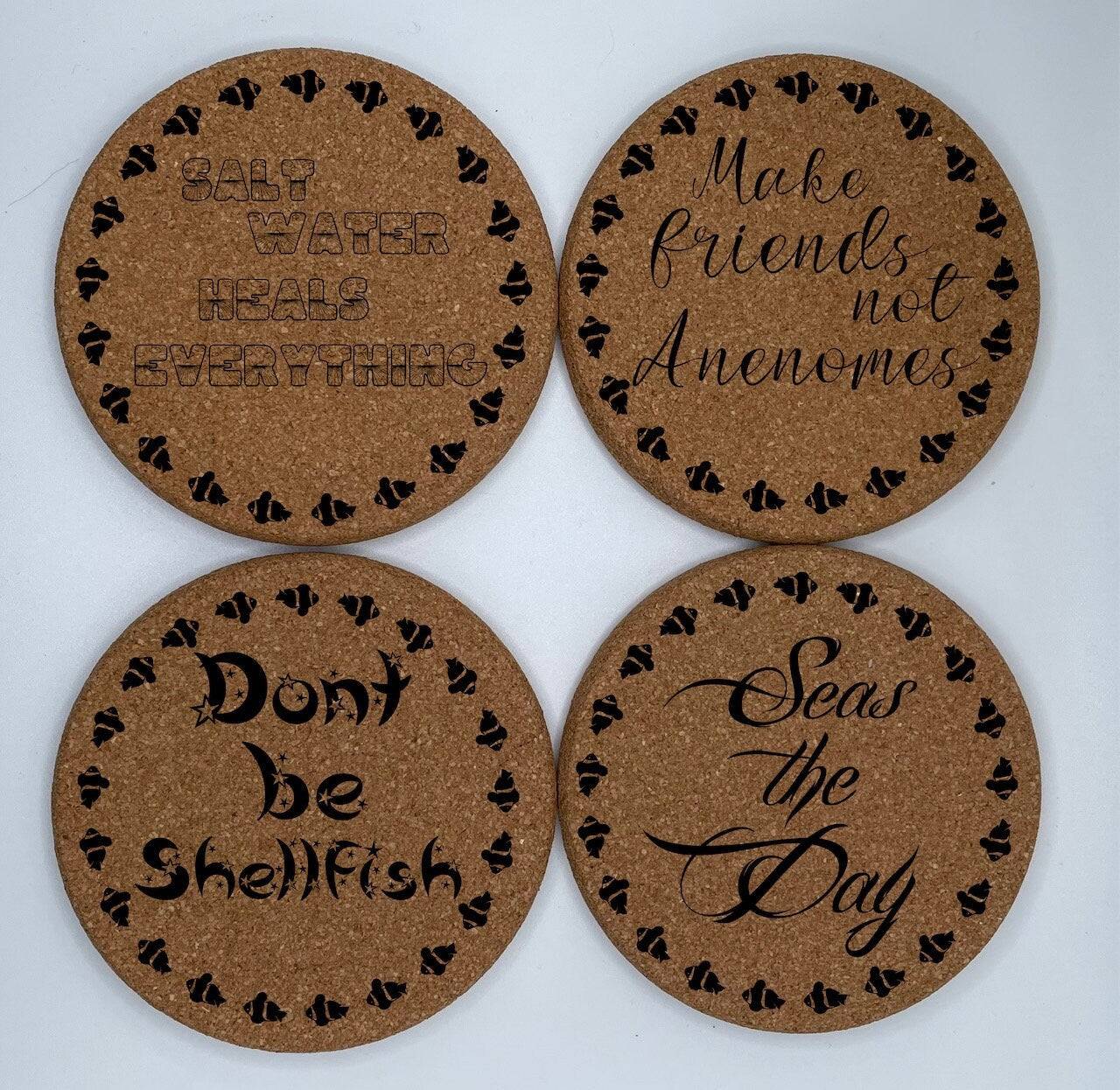 Motivational Cork Coaster Sea Sayings for family friends Great Gift EcoFriendly - Set of 4 Ocean themed Gift for Her