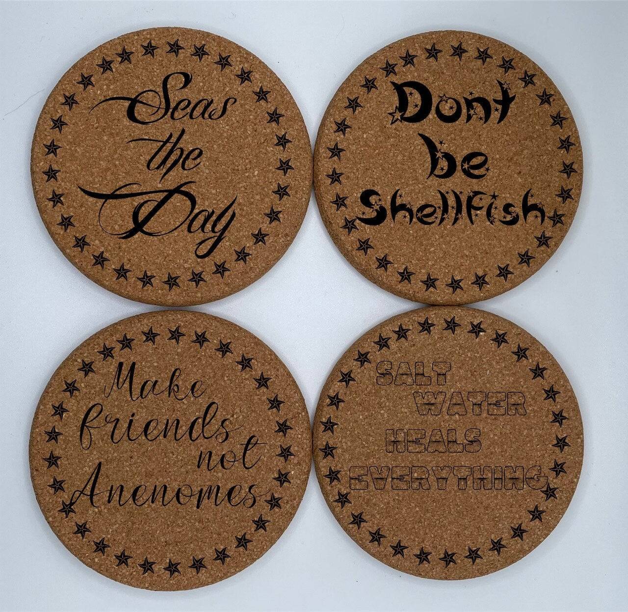 Motivational Cork Coaster Sea Sayings for family friends Great Gift EcoFriendly - Set of 4 Ocean themed Gift for Her