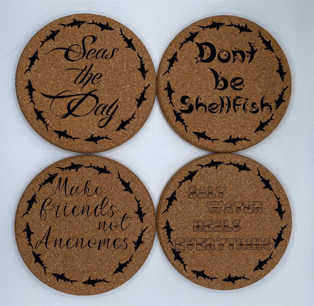 Motivational Cork Coaster Sea Sayings for family friends Great Gift EcoFriendly - Set of 4 Ocean themed Gift for Her