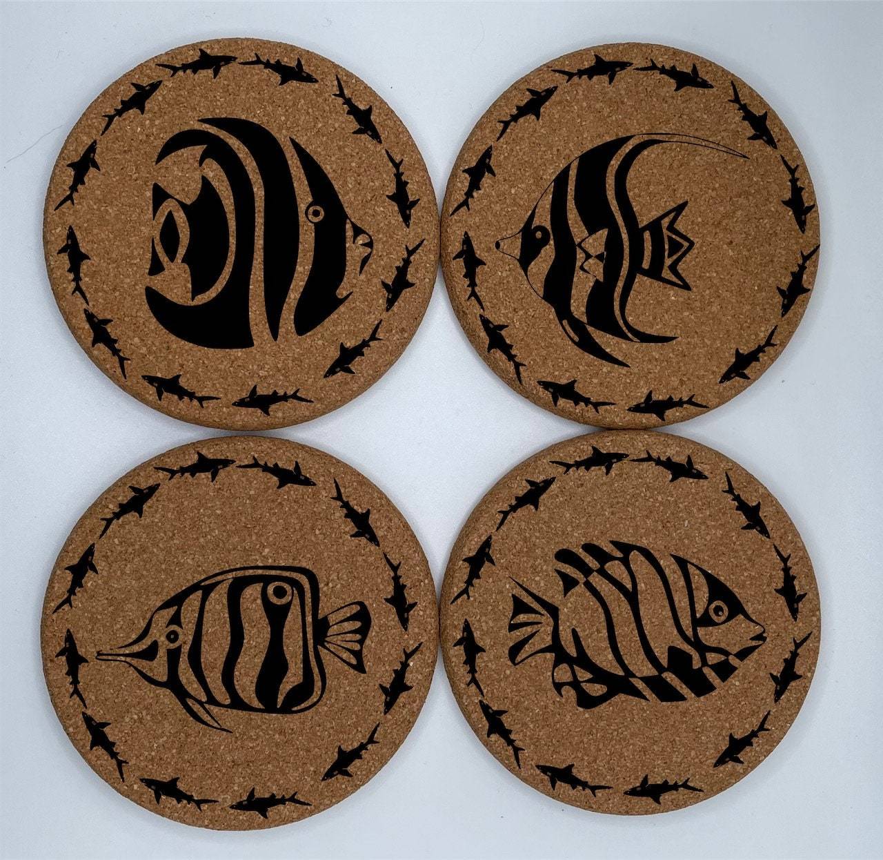 Ocean Fish Lover Coasters - Set of 4, Thick Cork, High-Temperature Resistant, Eco-Friendly